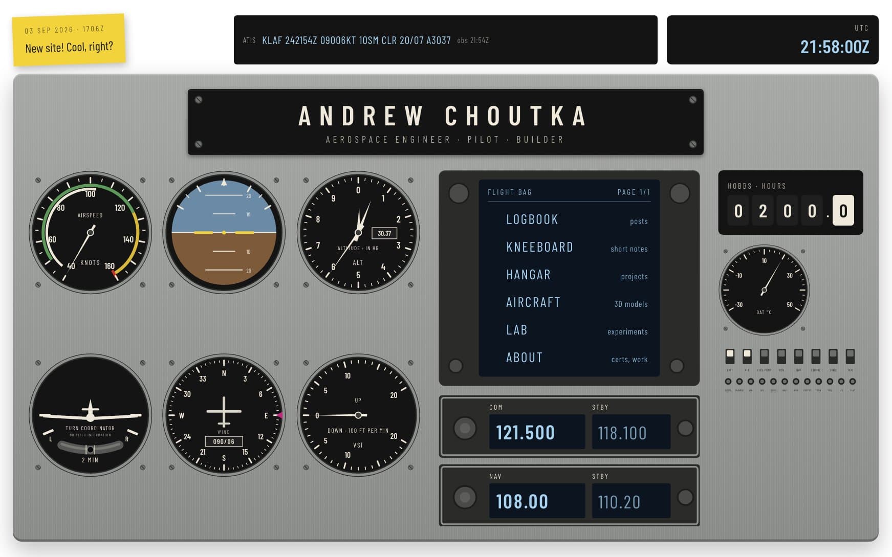 The flight deck: an instrument panel with the KLAF weather on its ATIS strip and the site menu on its GPS screen.